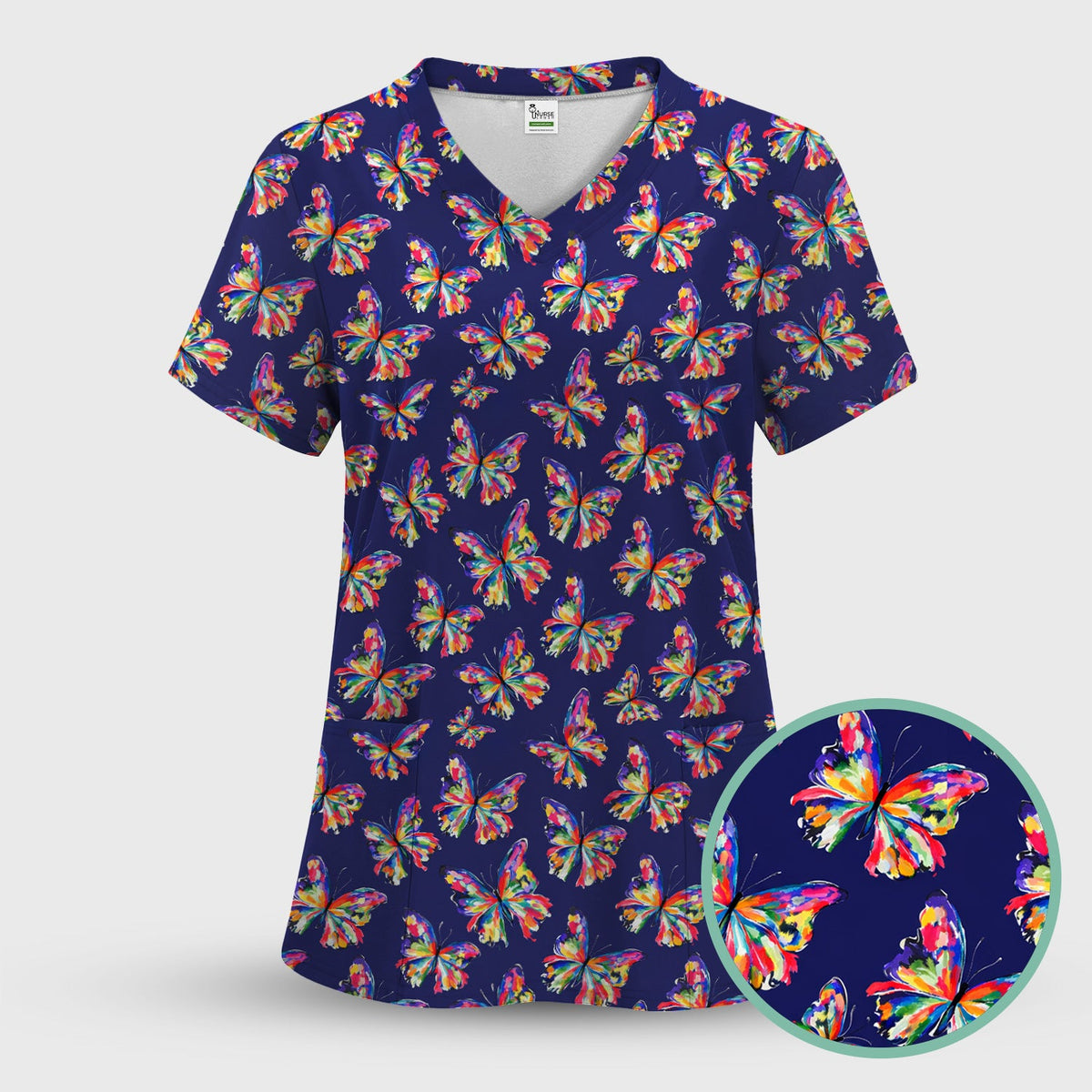 Personalized Vibrant Rainbow Butterfly Nurse Scrub Top