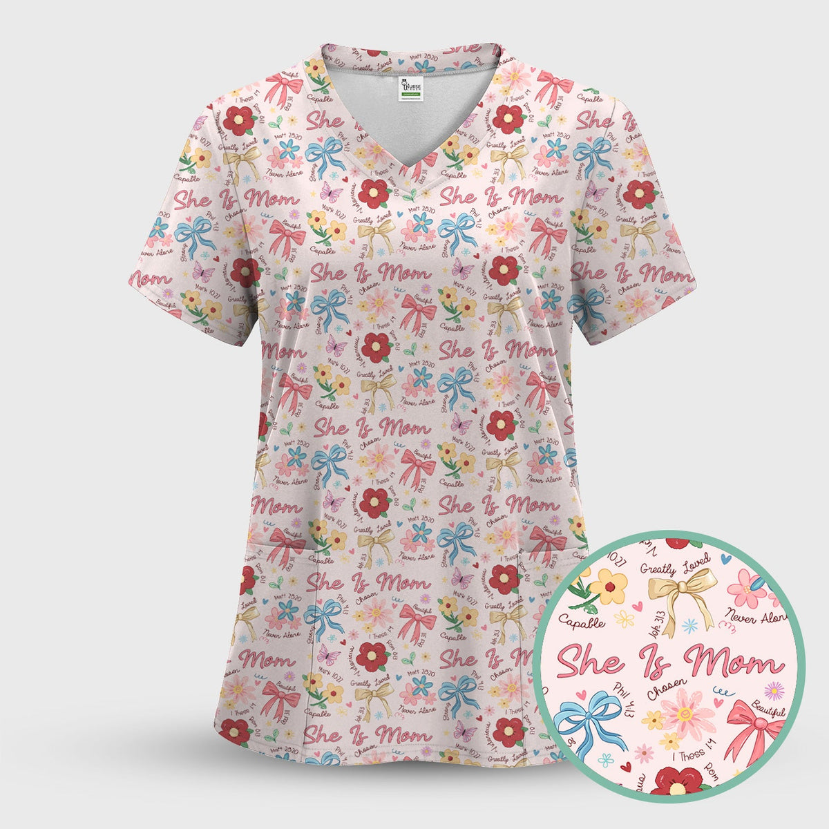 She Is Mom Floral Bow Nurse Scrub Top