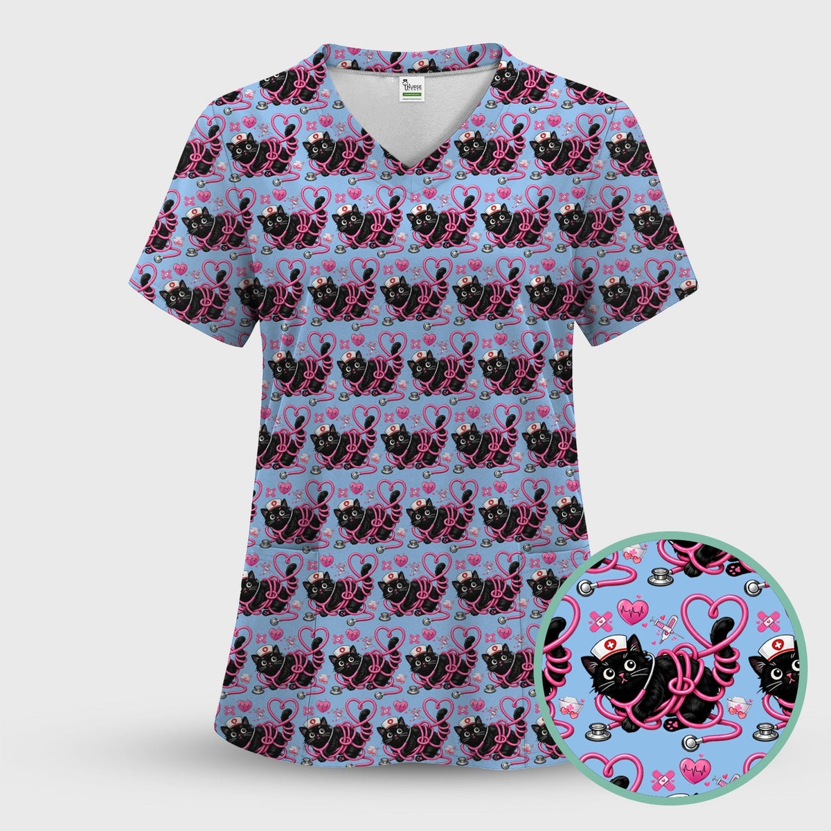 Valentine Cat Nurse Heart Scrub Top
