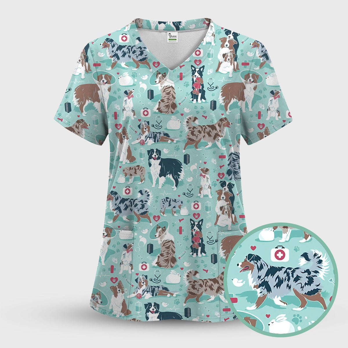 Cute Dog Pattern Women's Veterinary Scrub Set, Scrub Pants and V Neck Top