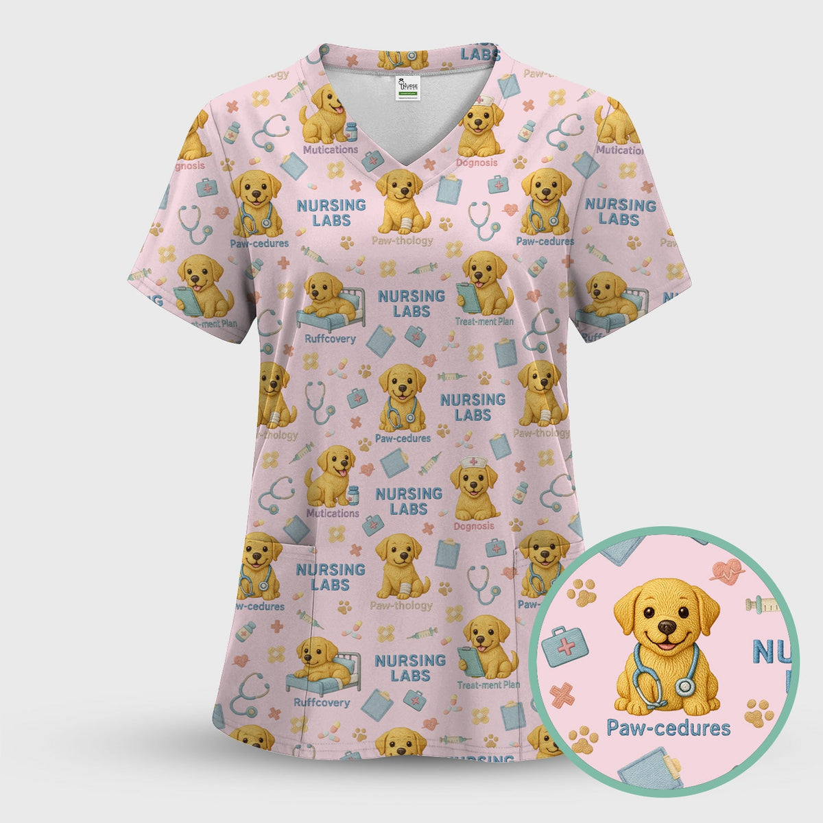 Labrador Nursing Scrub Top, Cute Dog Pattern Nurse Uniform,  Comfortable Scrubs For Nurses