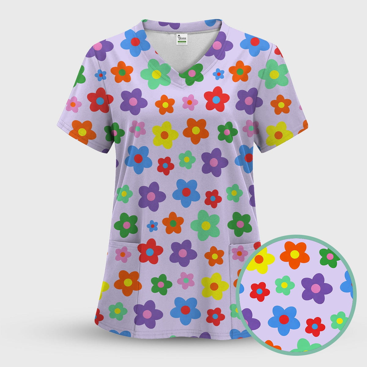 Colorful Retro Flower Nurse Scrub Top