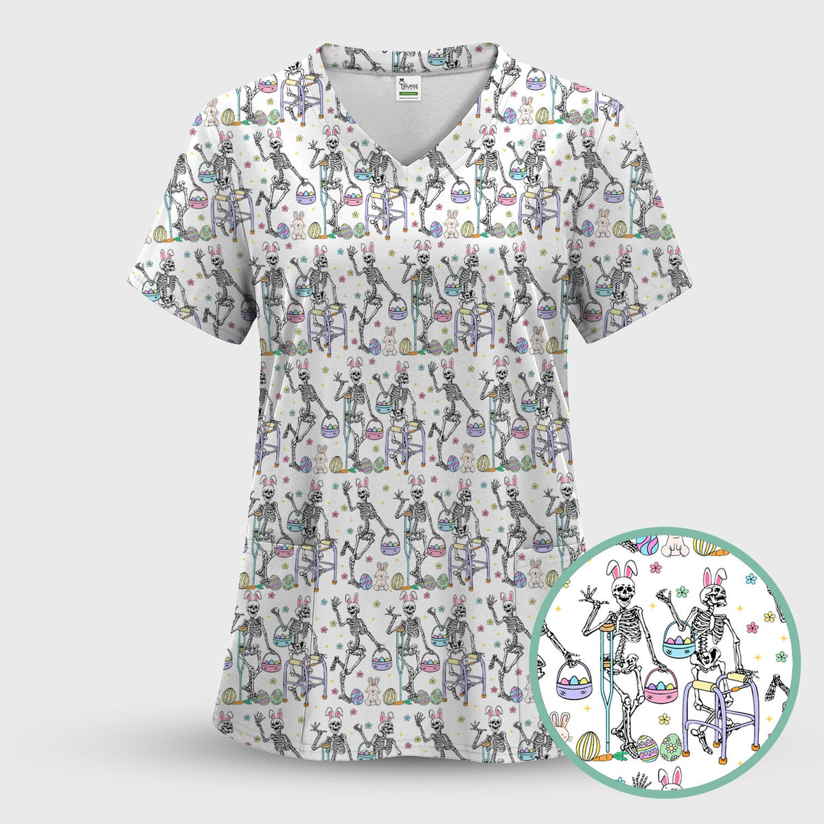 Fun Skeleton Bunny Nurse Scrub Set - Easter Gift