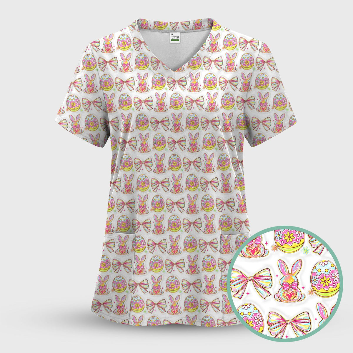 Bunny Pastel Egg Bow Nurse Scrub Set - Easter Gift