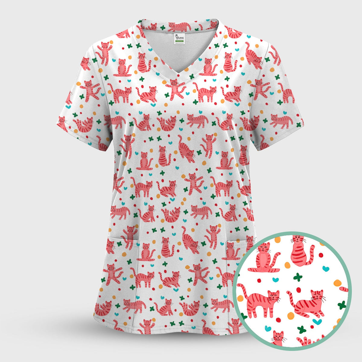 Pink Cat Nurse Scrub Top