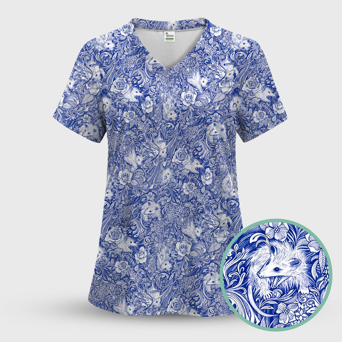 Blue Toile Opossum Floral Nurse Scrub Set