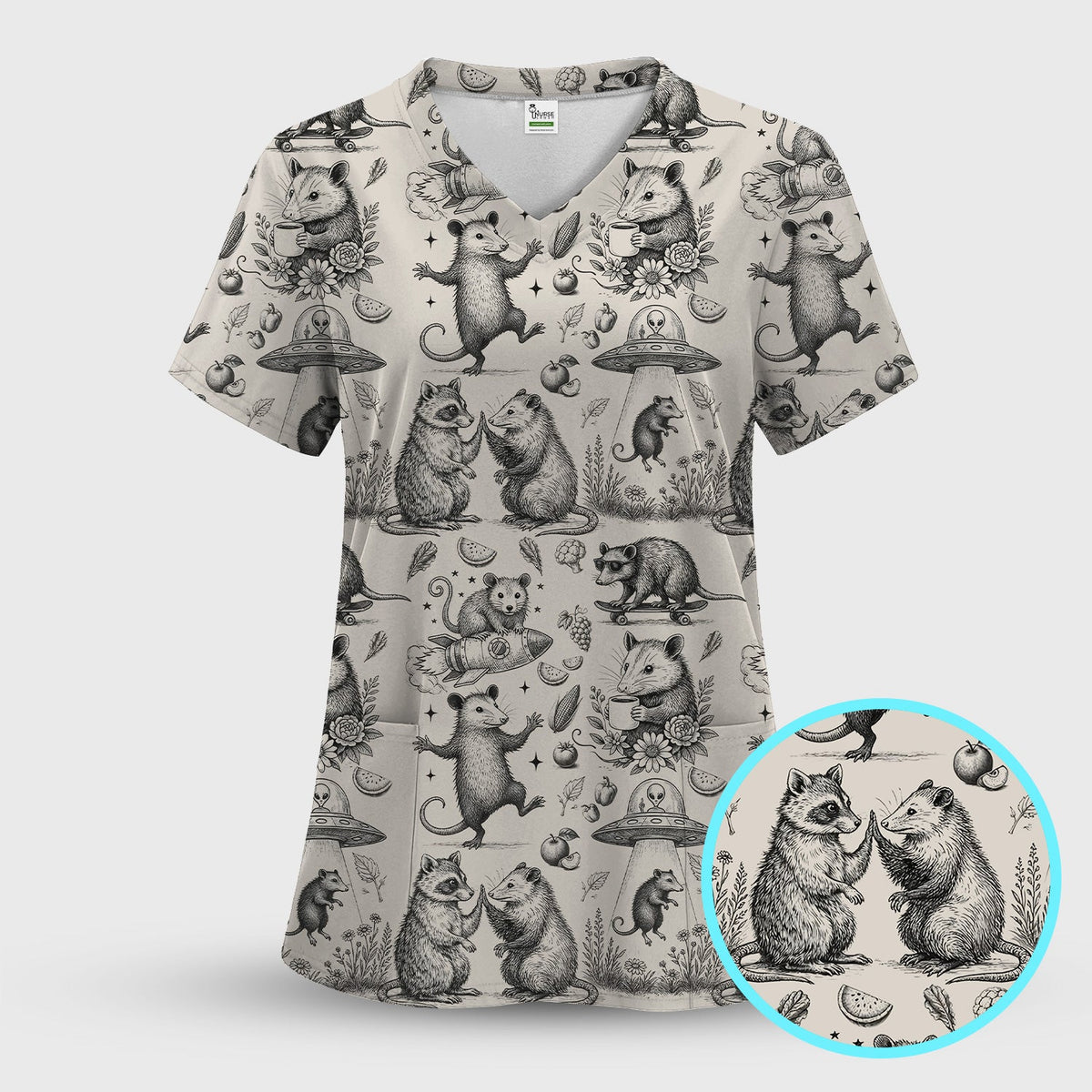 Funny Nurse Vintage Possum Raccoon High Five UFO Pattern Scrub Top, Breathable Fabrics Nursing Uniform