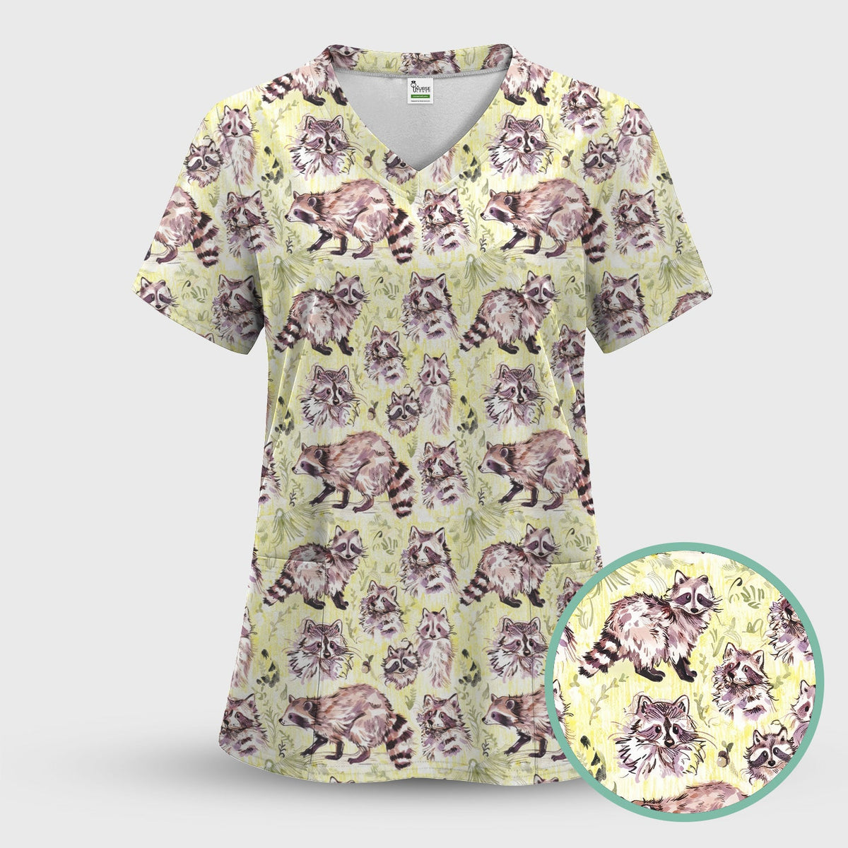 Woodland Raccoon Forest Nurse Scrub Top