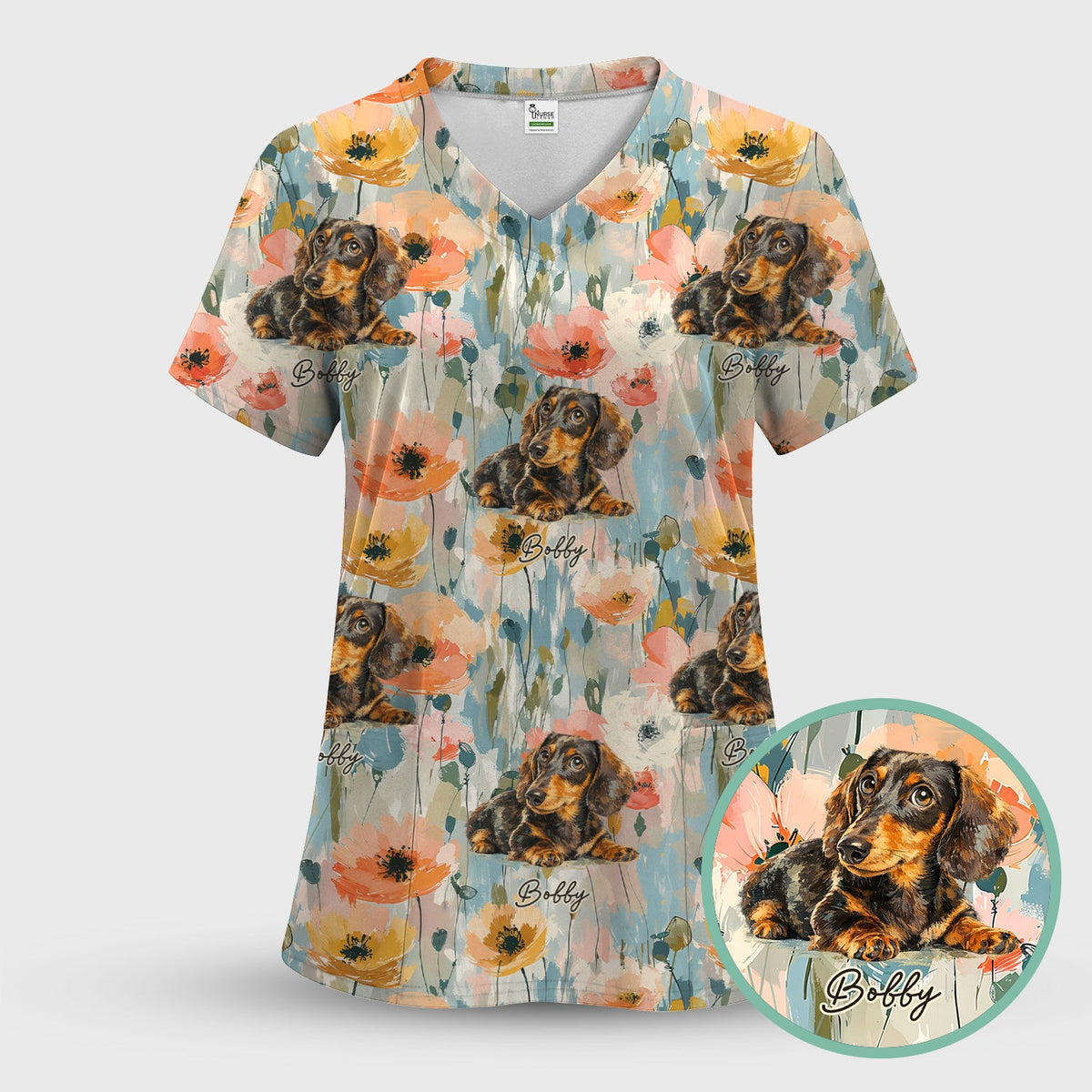 Personalized Dachshund Photo Floral Nurse Scrub Set