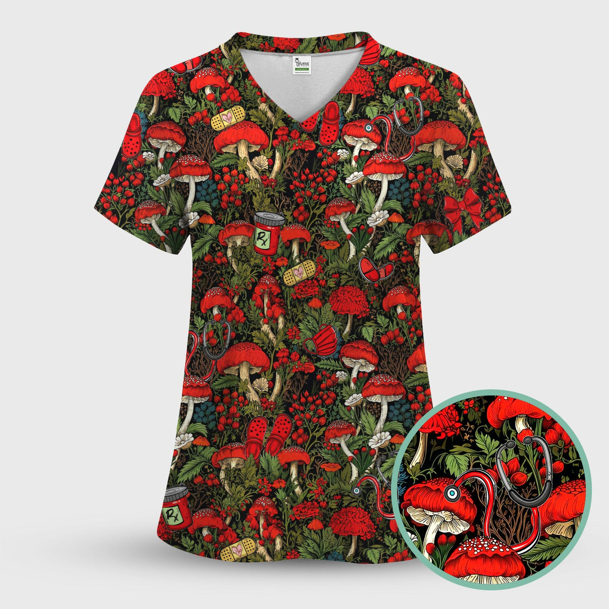 Red Mushroom Forest Nurse Scrub Top