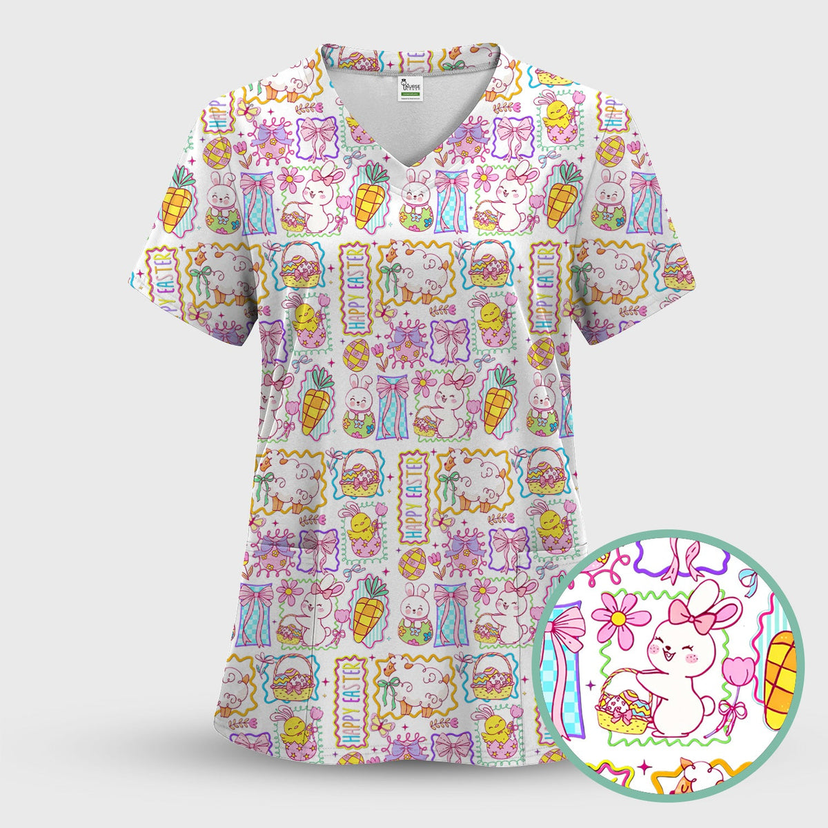 Cute Easter Bunny Egg and Bow Print Scrub Set, Scrub Pants and V Neck Top