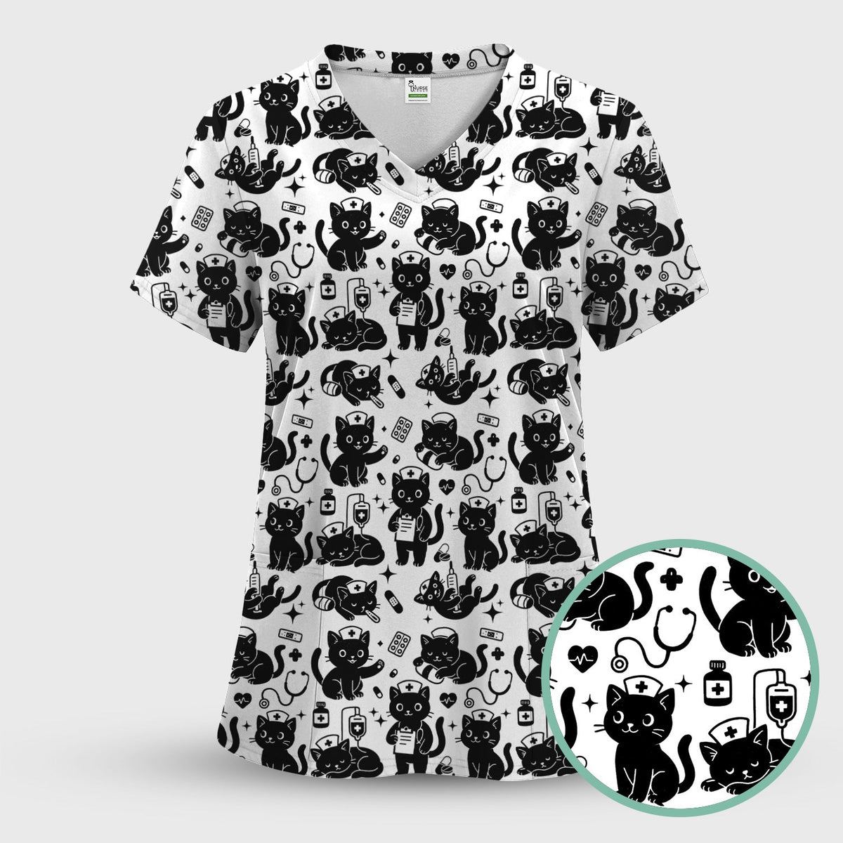 Cute White Black Cat Nurse Scrub Set