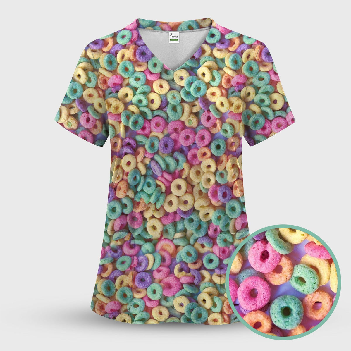Colorful Cereal Loops Pattern Scrub Set, Scrub Pants and V Neck Top