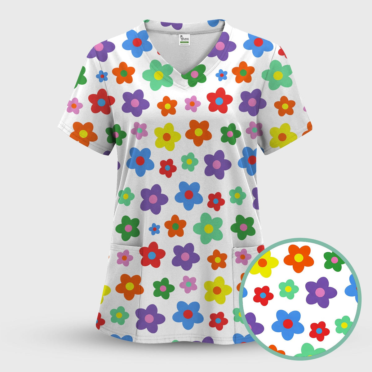 Colorful Retro Flower Nurse Scrub Top
