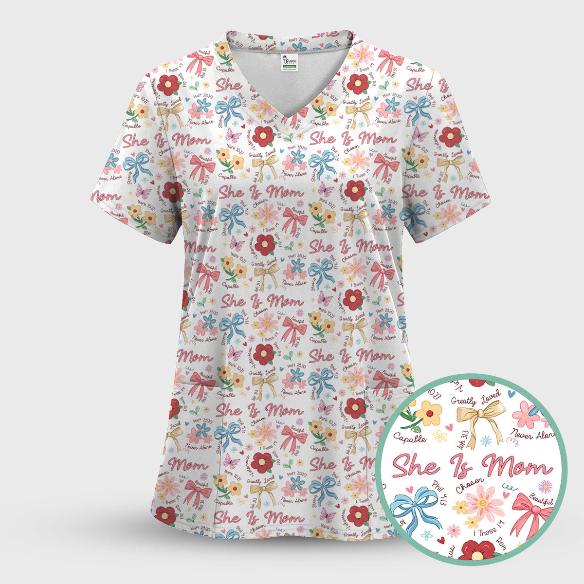 She Is Mom Floral Bow Nurse Scrub Top