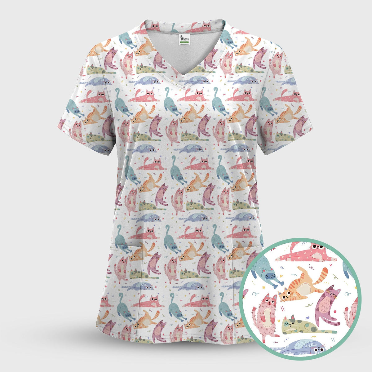 Funny Pastel Cat Pattern Medical Scrub Set, Breathable Fabrics Nursing Uniform
