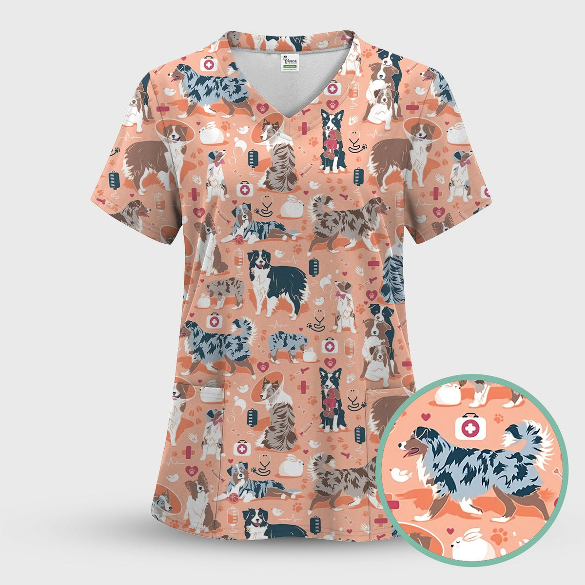Cute Dog Pattern Veterinary Scrub Top, Breathable Fabrics Nursing Uniform