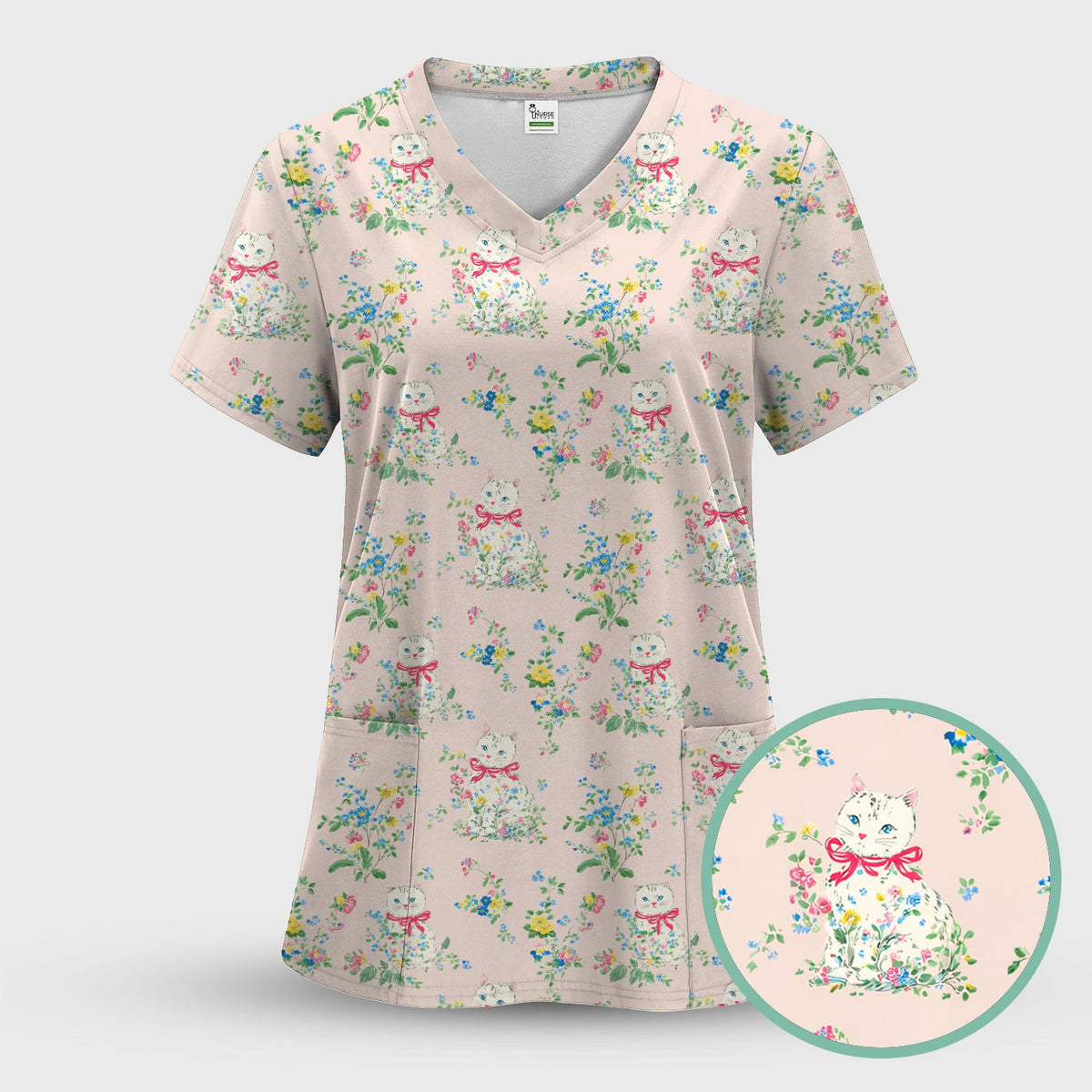Vintage Floral Cat Nurse Scrub Top