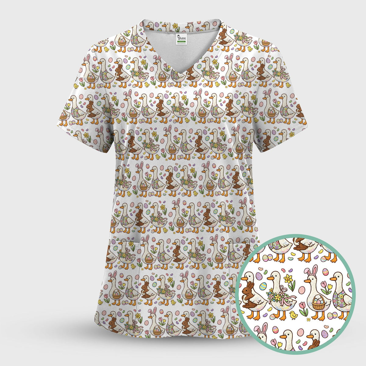 Duck Bunny Egg Floral Nurse Scrub Top - Easter Gift