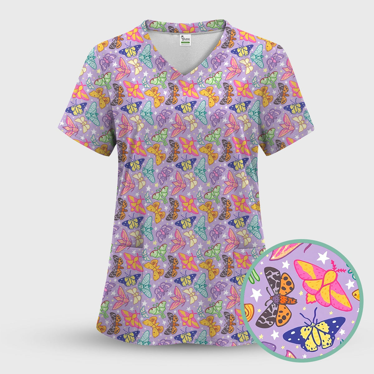 Colorful Butterfly Moth Garden Nurse Scrub Top