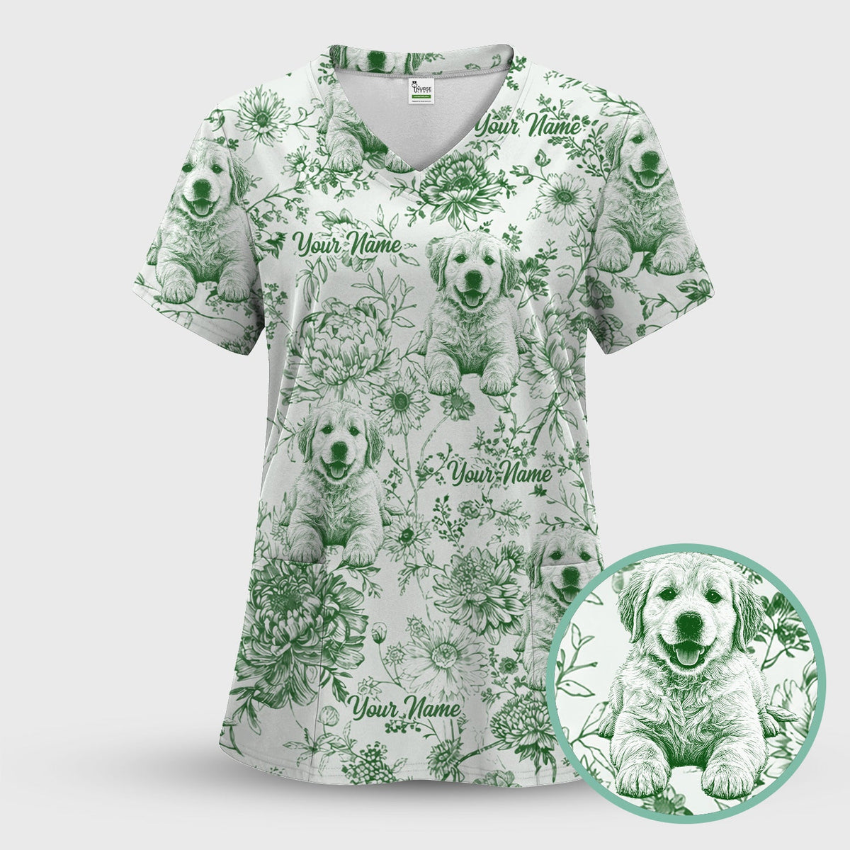Personalized Pet Photo Floral Nurse Scrub Top