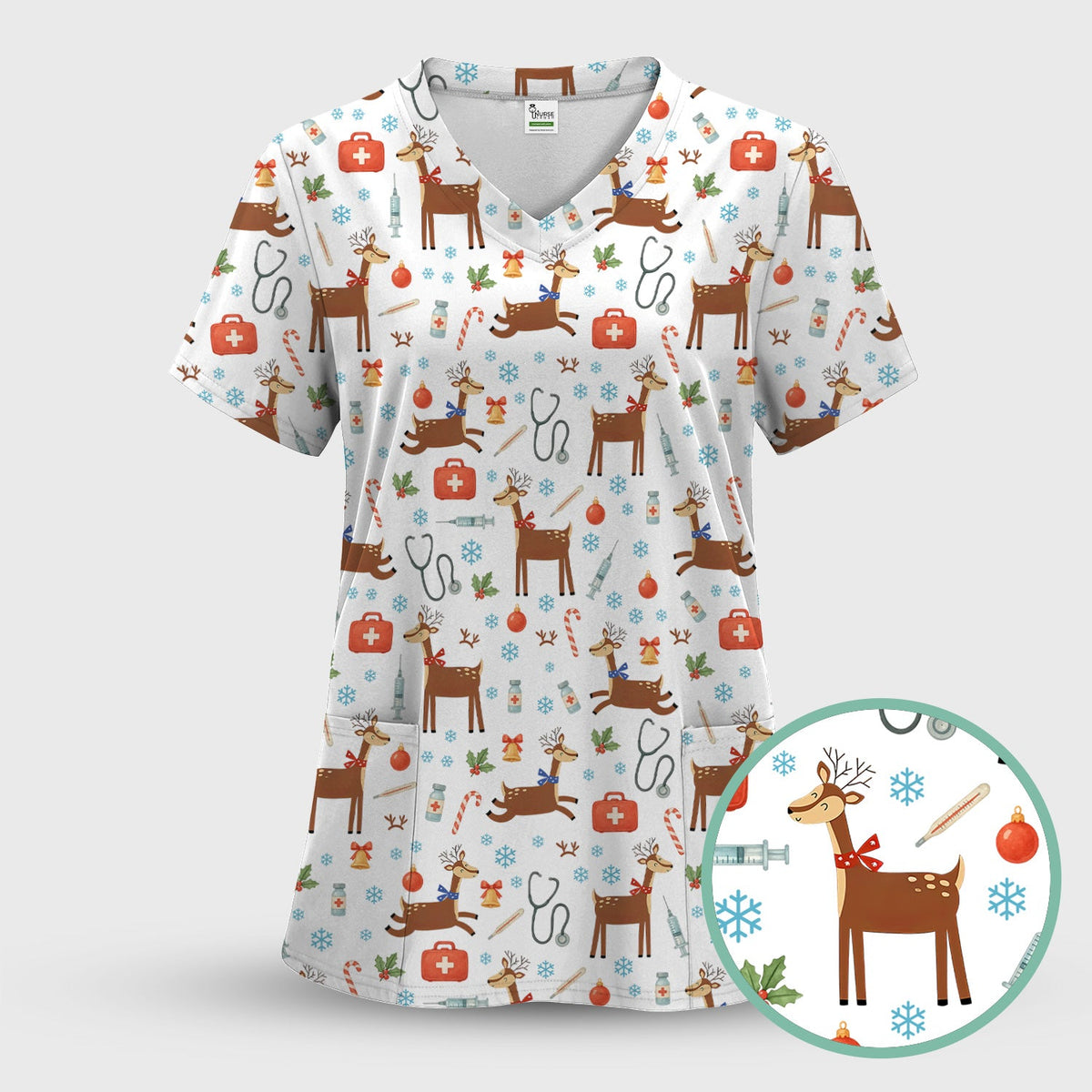 Christmas Reindeer Snowflakes Candy Cane Nurse Scrub Set