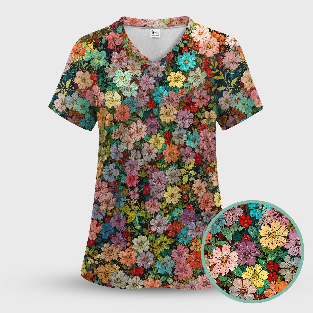 Colorful Wildflower Garden Bloom Pattern Nurse Scrub Top