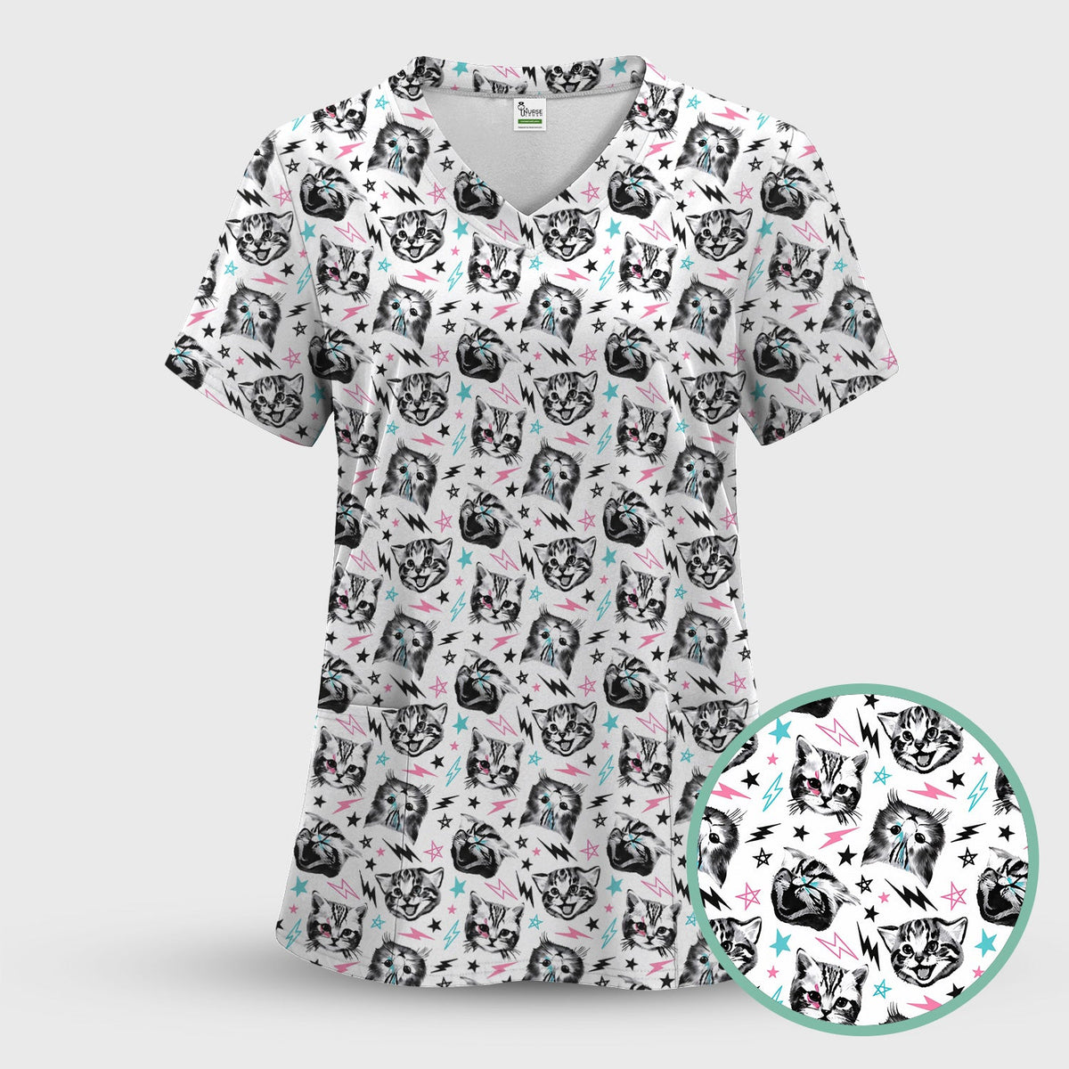 Cat Faces Lightning Nurse Scrub Top