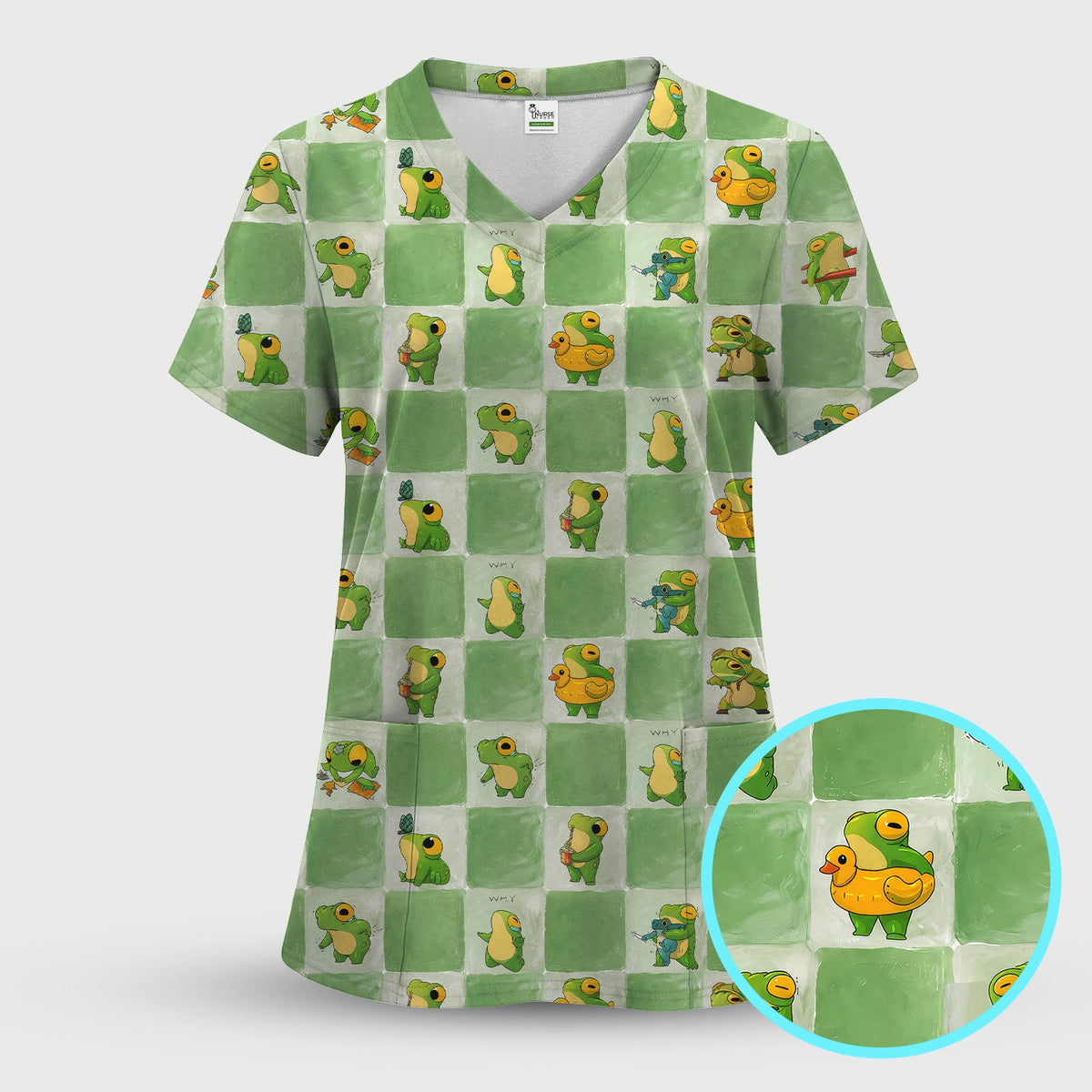 Frog Duck Checkerboard Nurse Scrub Top