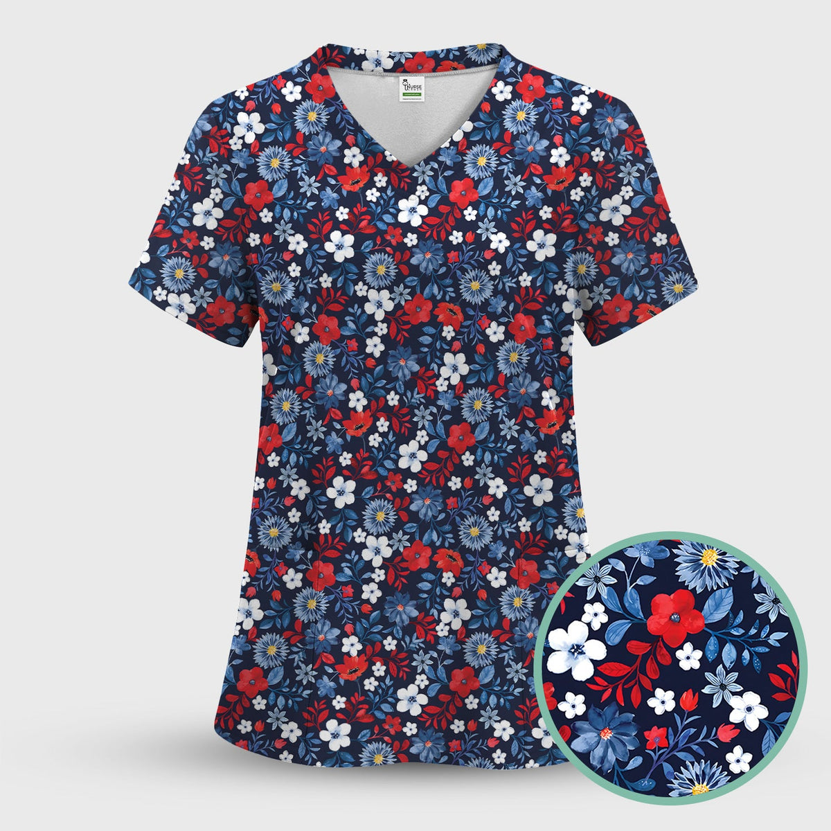 Classic Floral Print V Neck Scrub Top for Nurses, Blue Red Medical Uniform