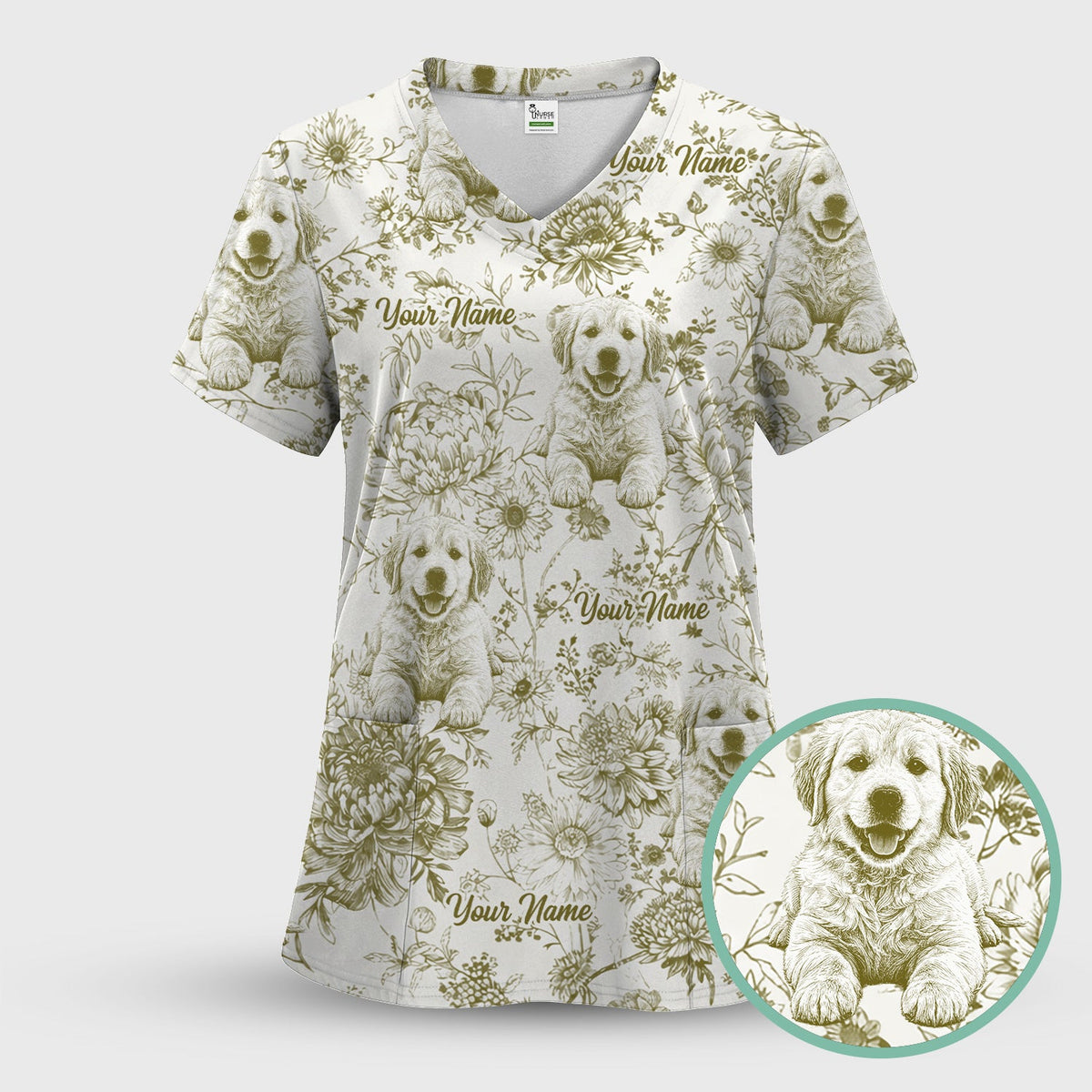 Personalized Pet Photo Floral Nurse Scrub Top