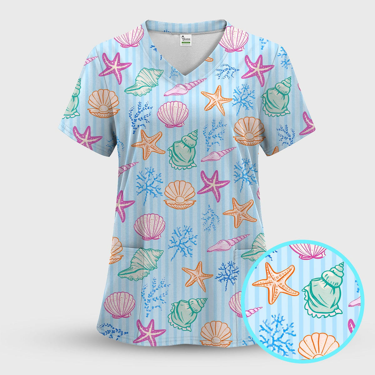 Colorful Seashell Starfish Ocean Stripe Nurse Scrub Top