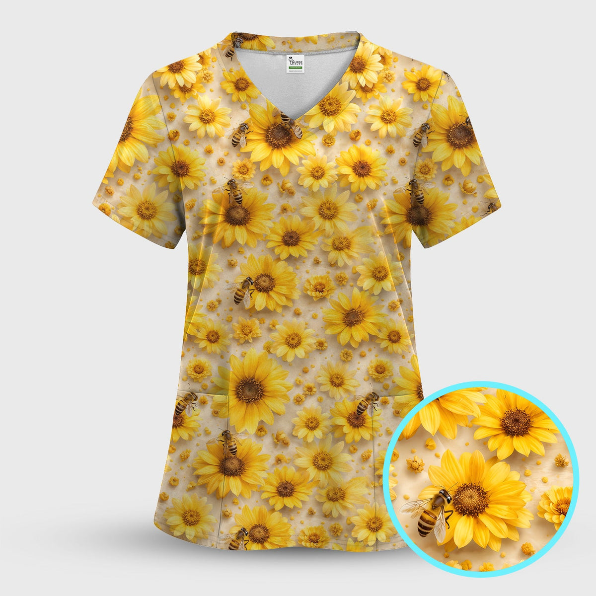 Yellow Sunflower Bee Garden Bloom Pattern Scrub Top, Breathable Fabrics Nursing Uniform