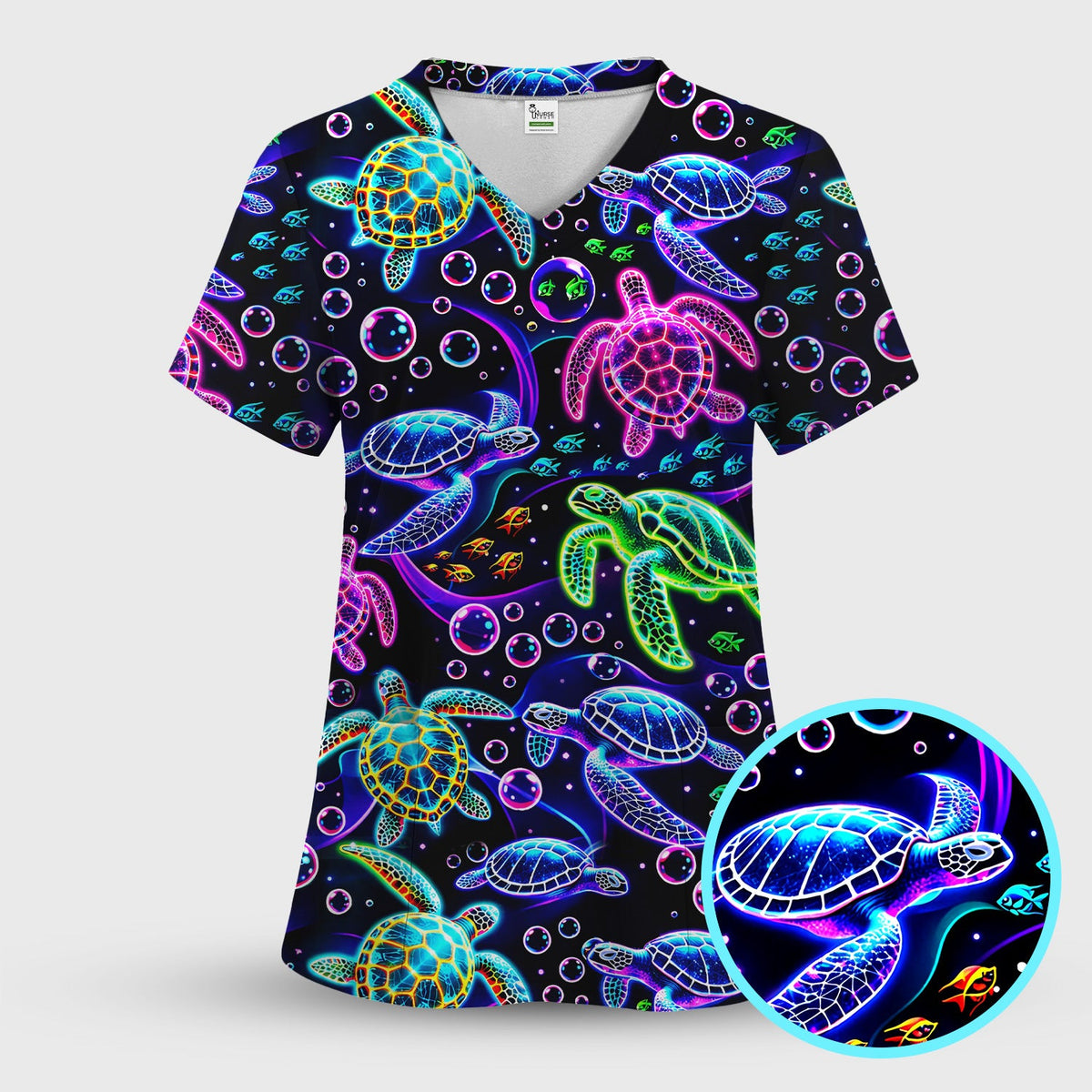 Neon Sea Turtle Swimming Bubble Ocean Scrub Set, Scrub Pants and V Neck Top