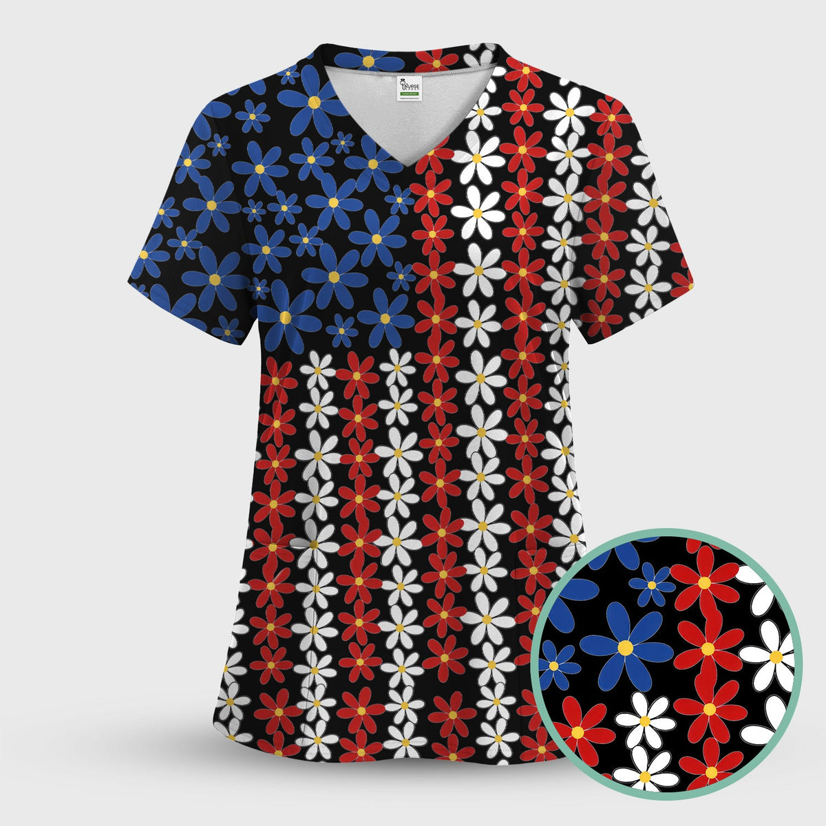 Retro Red Blue Daisy Nurse Scrub Set