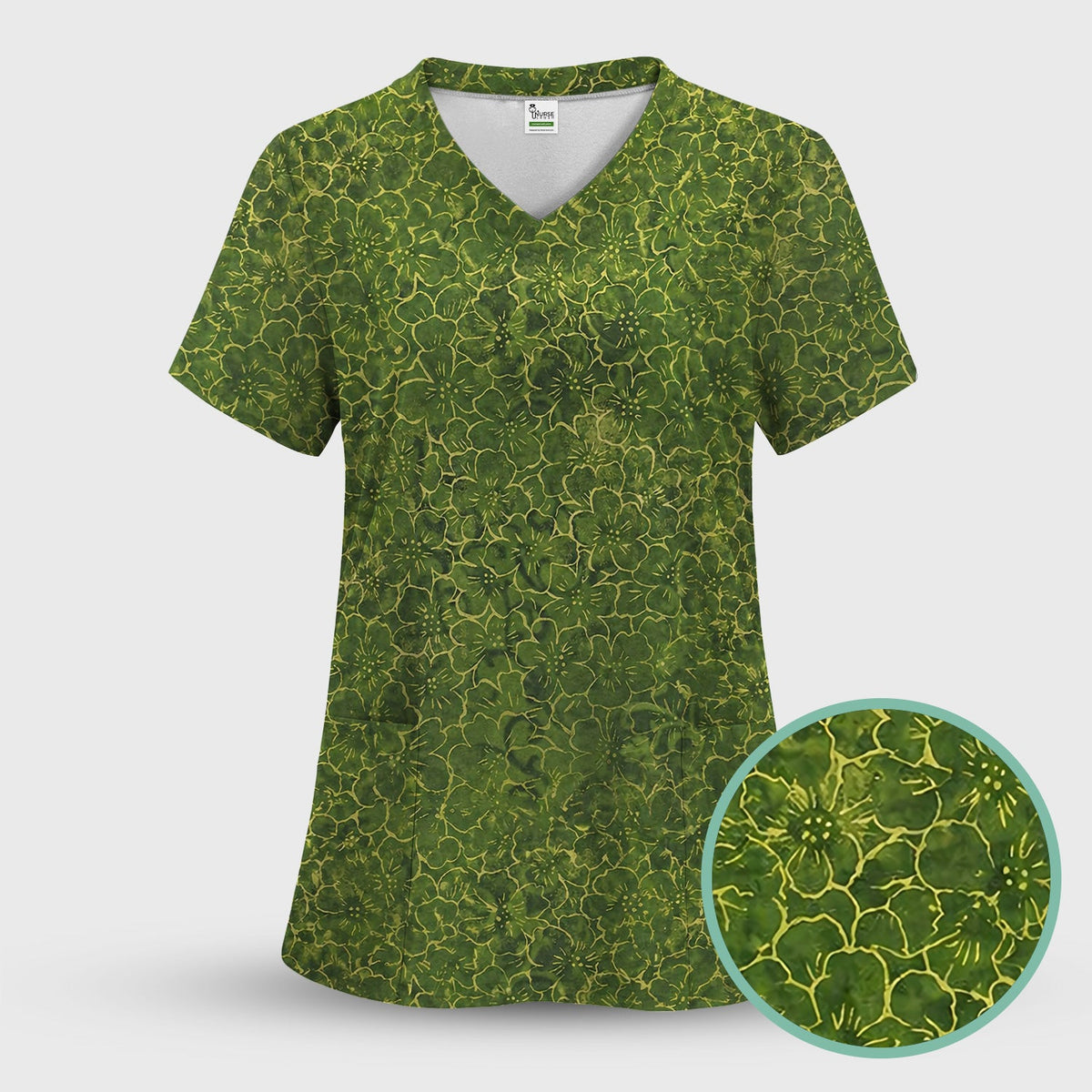 Green Floral Blossom Nurse Scrub Top