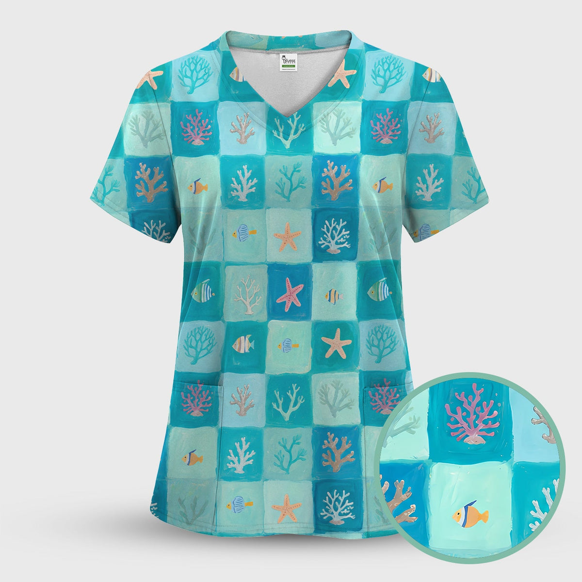 Ocean Coral Fish Checkered Nurse Scrub Top