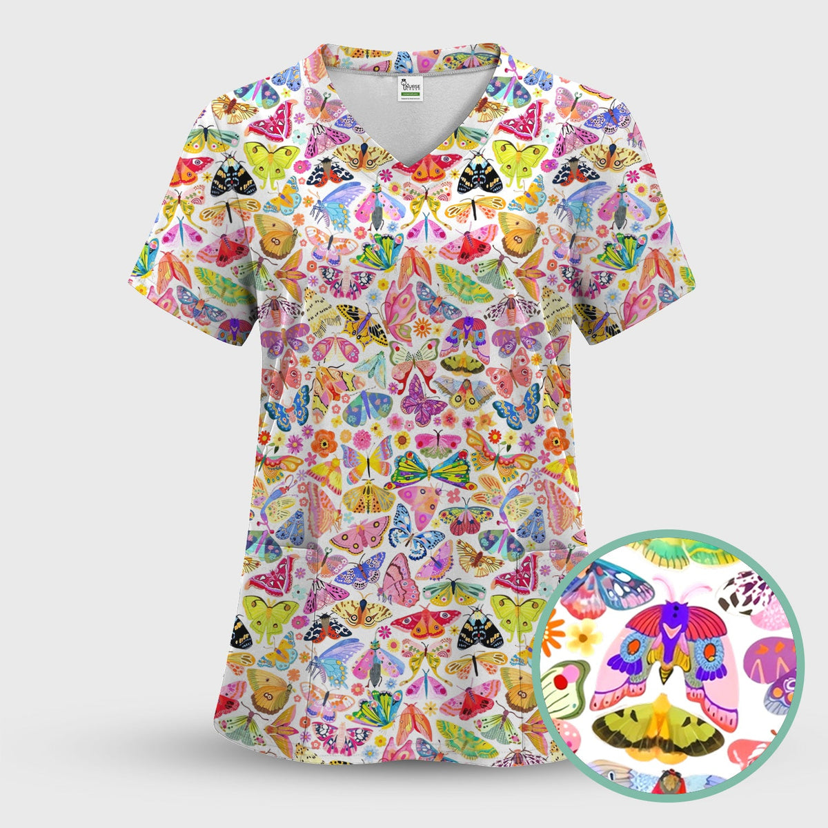 Cute Bright Butterfly Moth Floral Nurse Scrub Set
