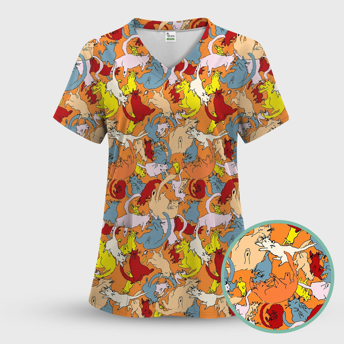Colorful Cat Chaos Illustration Nurse Scrub Top
