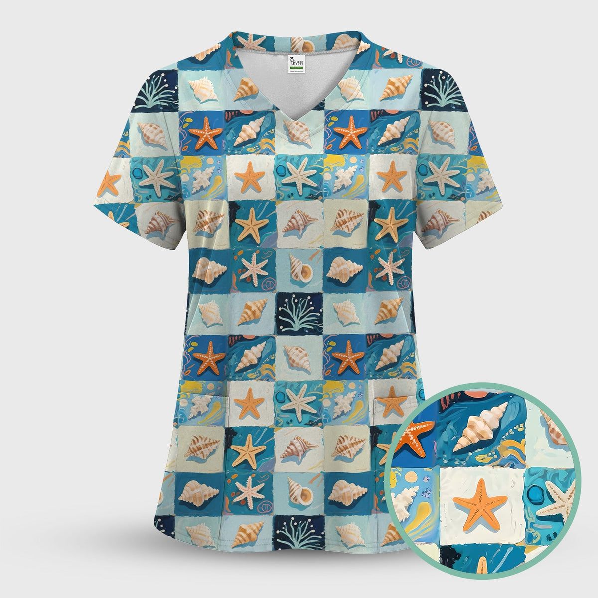 Seashell Starfish Ocean Tile Nurse Scrub Top
