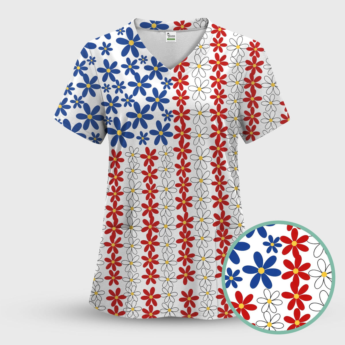 Retro Red Blue Daisy Nurse Scrub Set