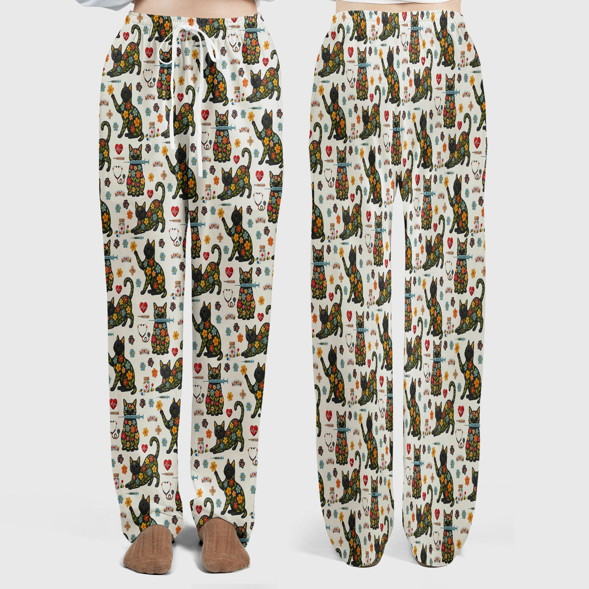 Floral Black Cat Nurse Scrub Set