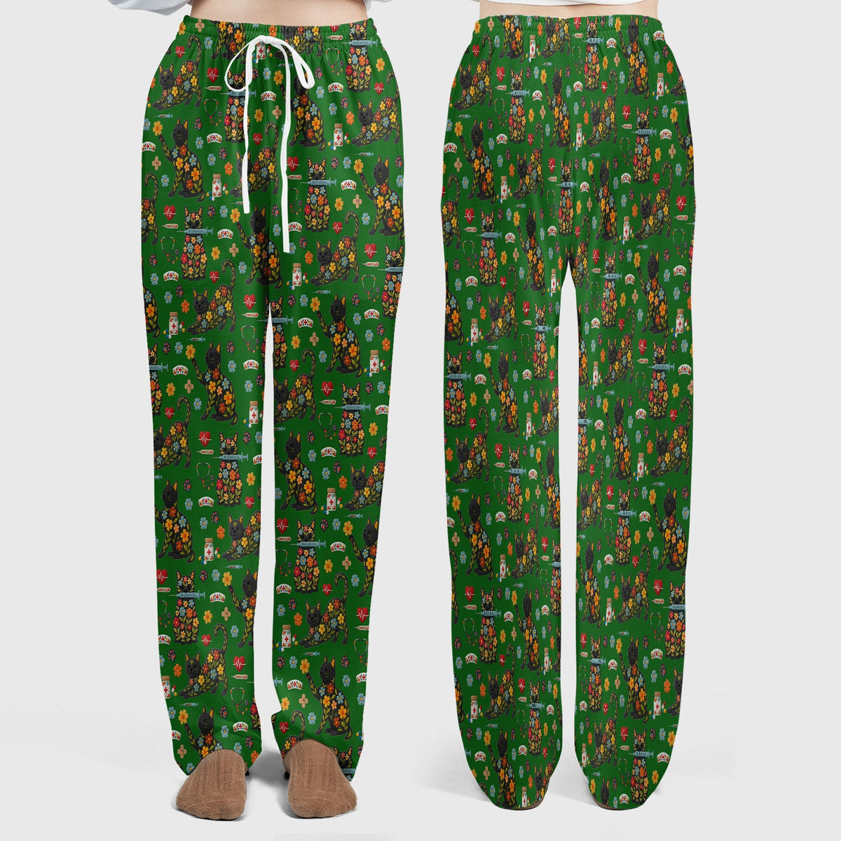 Floral Black Cat Nurse Scrub Set