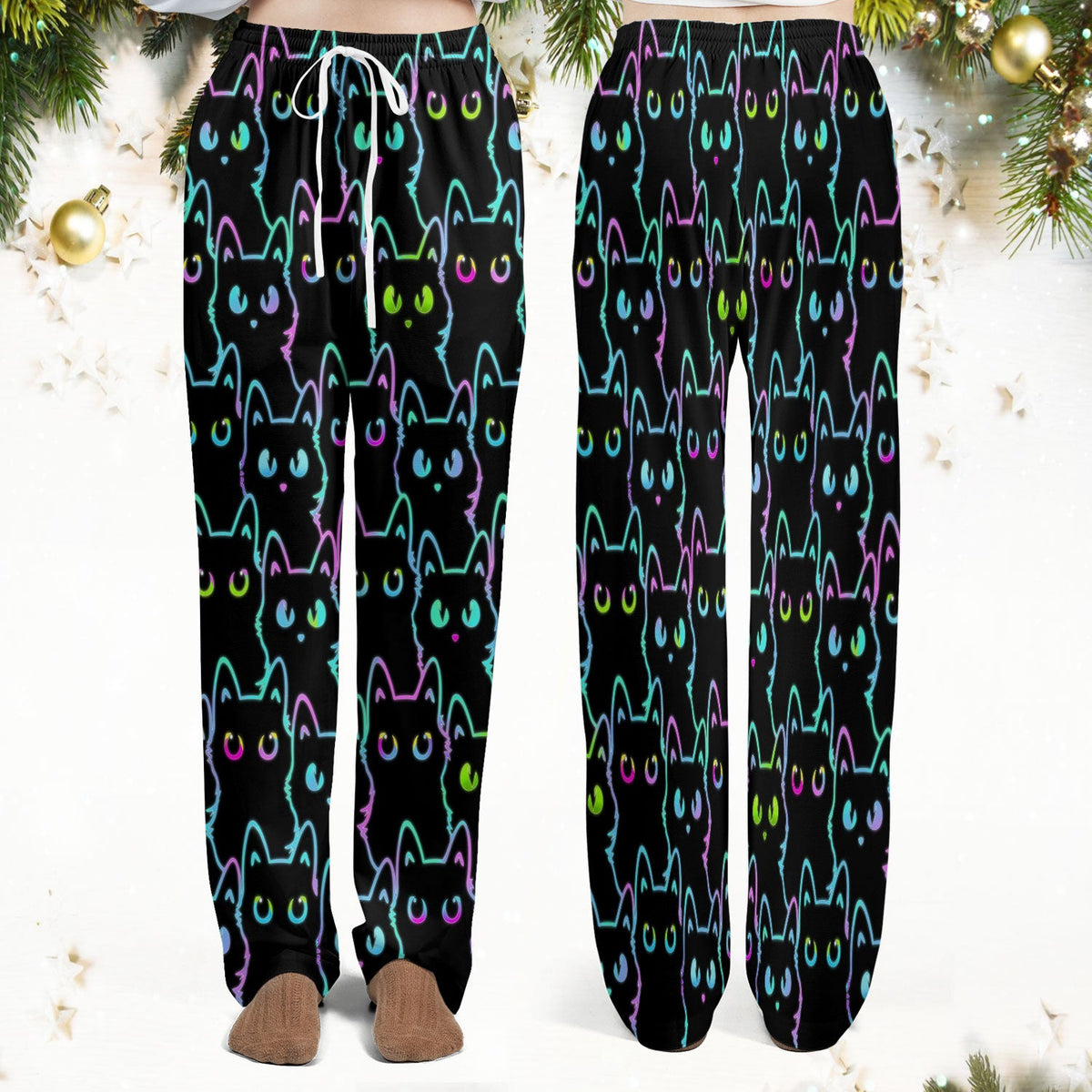Neon Cat Pattern Scrub Set, Black Cat Scrub Shirt, Breathable Fabrics Nursing Uniform