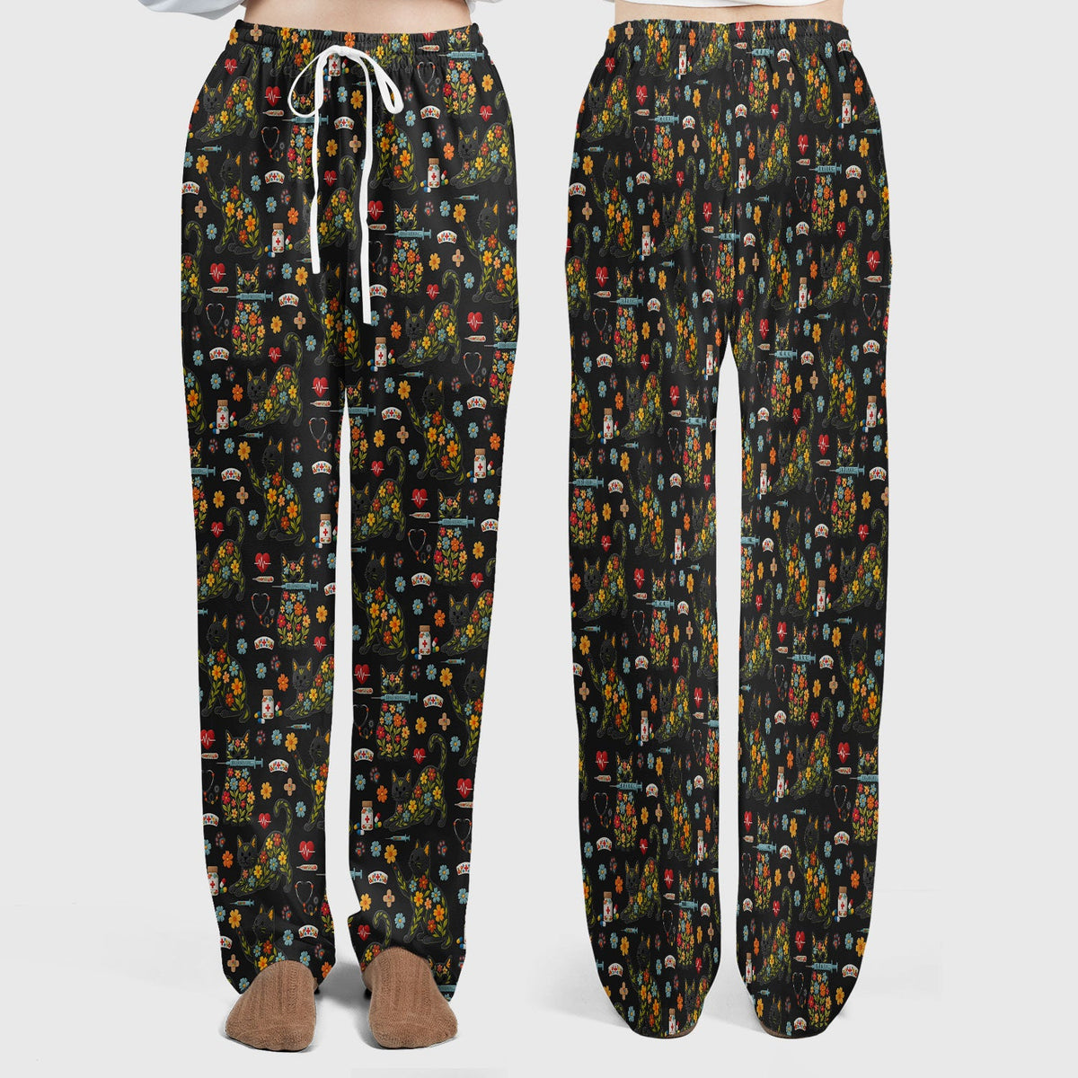 Floral Black Cat Nurse Scrub Set