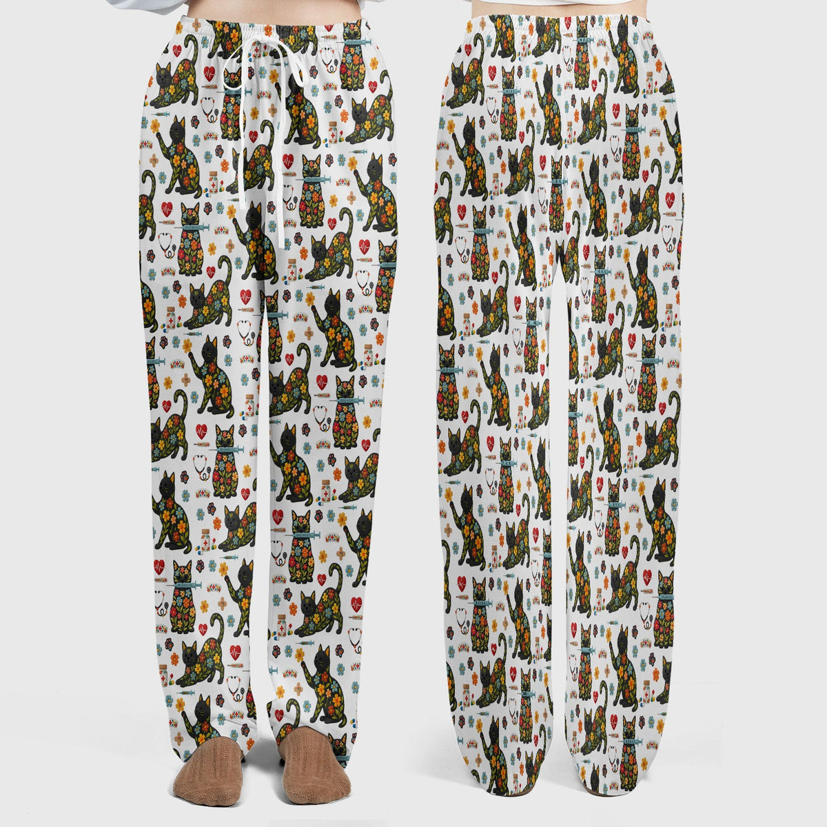 Floral Black Cat Nurse Scrub Set