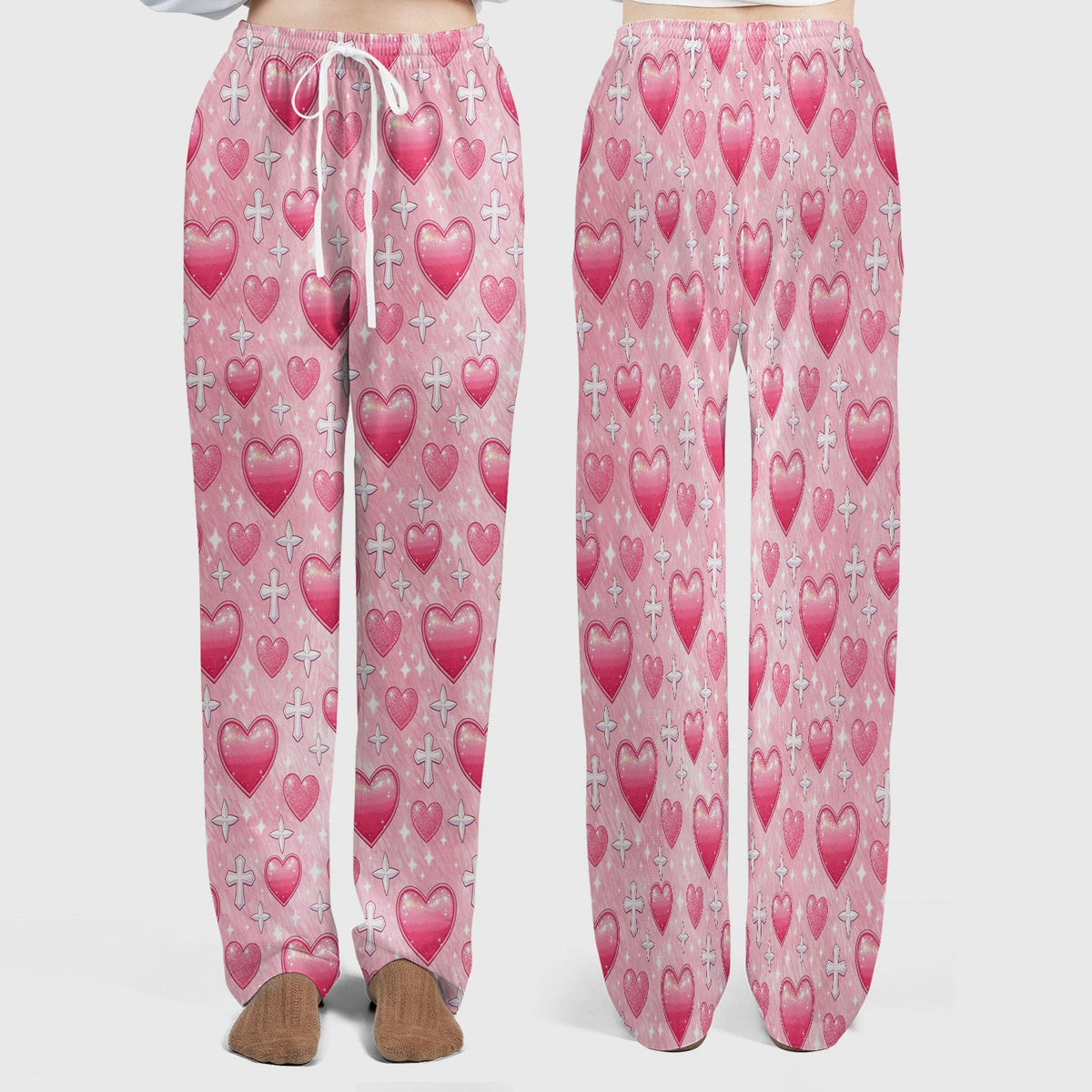 Pink Heart & Cross Pattern Scrub Set, Scrub Pants and V Neck Top