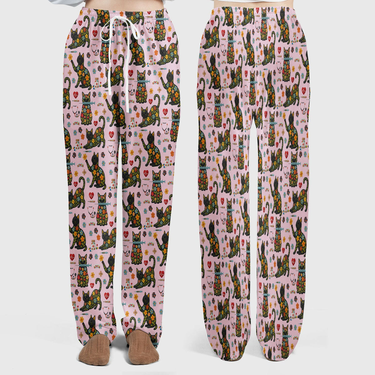 Floral Black Cat Nurse Scrub Set