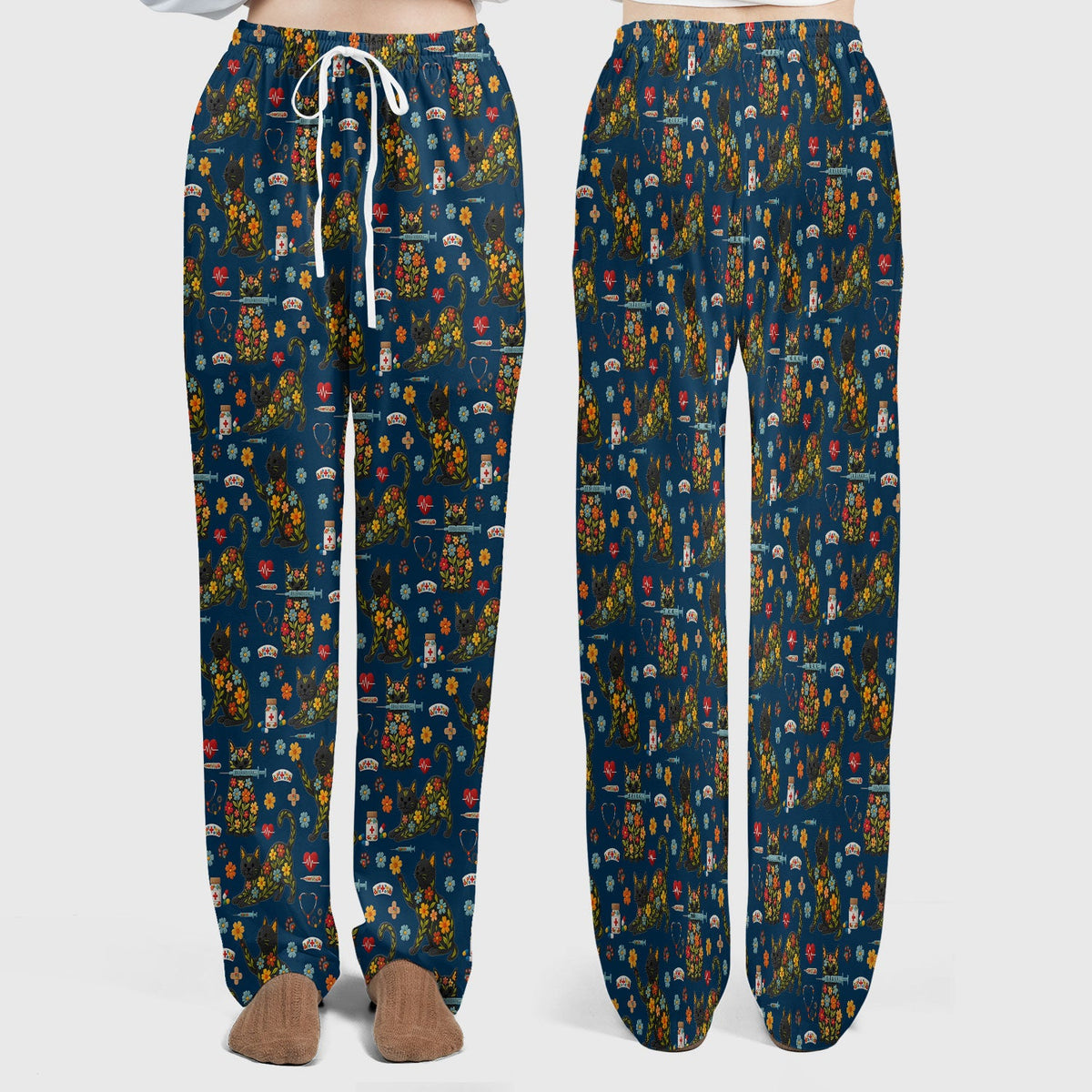 Floral Black Cat Nurse Scrub Set