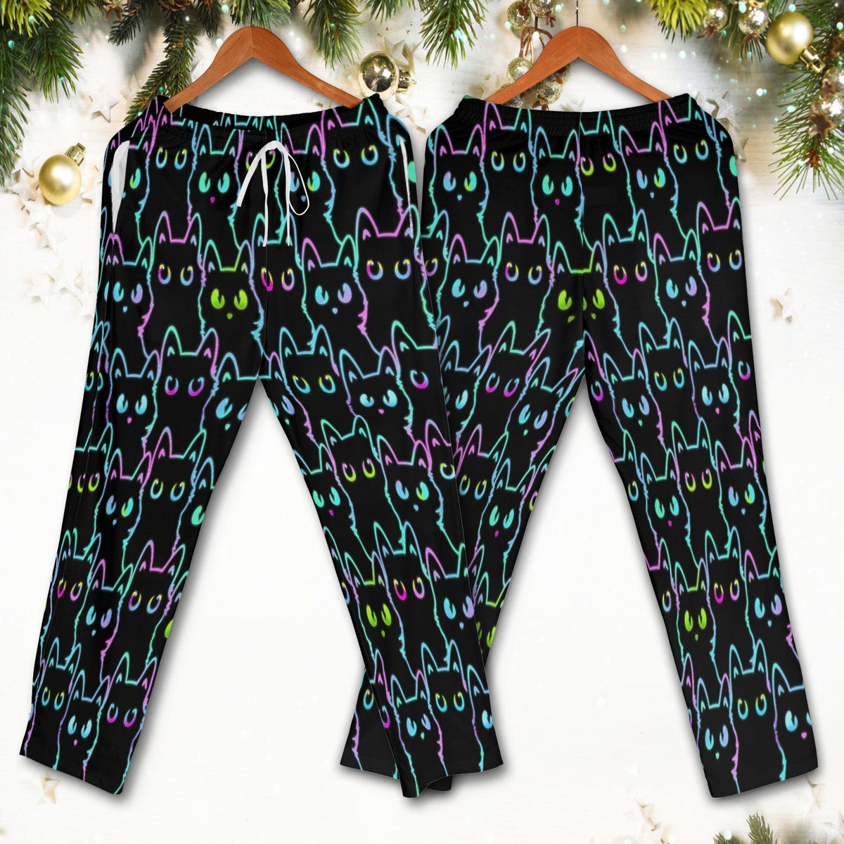 Neon Cat Pattern Scrub Set, Black Cat Scrub Shirt, Breathable Fabrics Nursing Uniform